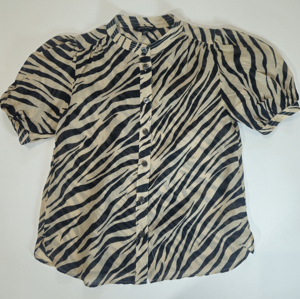 Banana Republic Zebra Print Blouse Womens XXS Cream Black Button Down